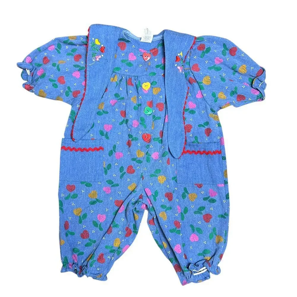 Vintage 90's Denim Jumpsuit Baby Romper All Over Print Floral Strawberry Heart